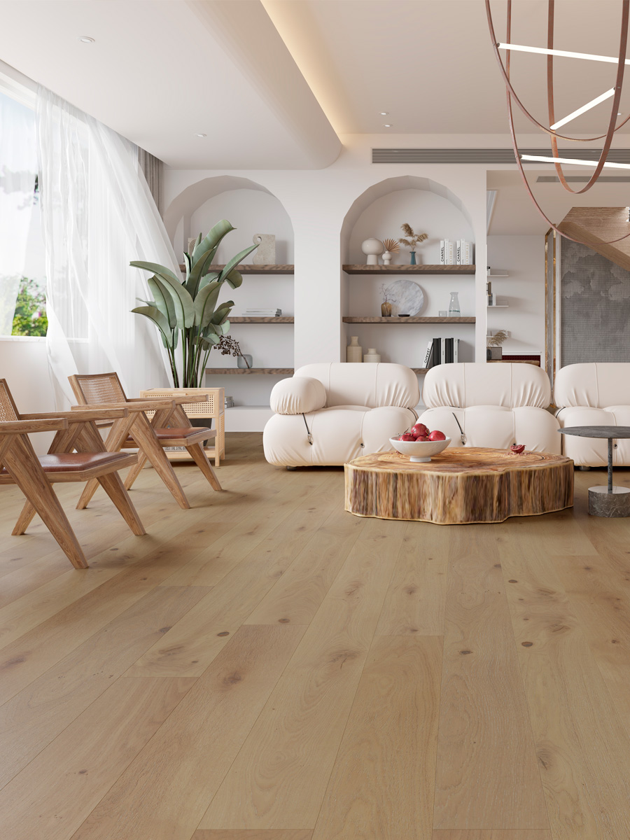 neutral living room with light wooden floor, cream sofa and indoor plants